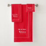 Newlyweds Mr & Mrs Personalised Large Bath Towel S<br><div class="desc">Stylish Mr and Mrs personalised towel set for the newlywed bride and groom in red and white with editable script,  name and established wedding date</div>