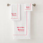 Newlyweds Mr & Mrs Personalised Large Bath Towel Set<br><div class="desc">Stylish Mr and Mrs personalised towel set for the newlywed bride and groom in a white and red,  with editable script,  name and established wedding date</div>