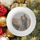 Newlyweds name monogram eedding photo elegant ceramic ball christmas ornament<br><div class="desc">Custom white monogram initial and name with family established year elegant chic farmhouse style Christmas tree ball ornament with photo overlay.         A modern keepsake gift for newlyweds.</div>