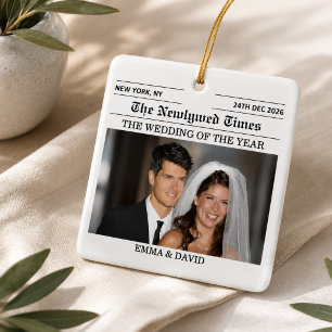 Newlyweds Newspaper Married Couples Wedding Photo Ceramic Ornament