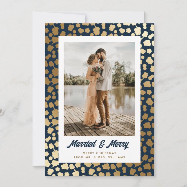Newlyweds Photo Christmas Blue Gold Holiday Card (Front)