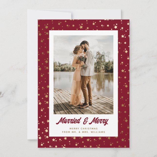 Newlyweds Photo Christmas Red Gold Script Holiday Card (Front)