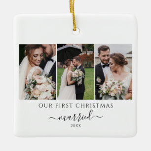 Newlyweds Photo Collage First Christmas Ceramic Ornament