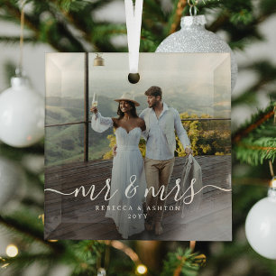 Newlyweds Photo Elegant Script & Custom Christmas Glass Tree Decoration