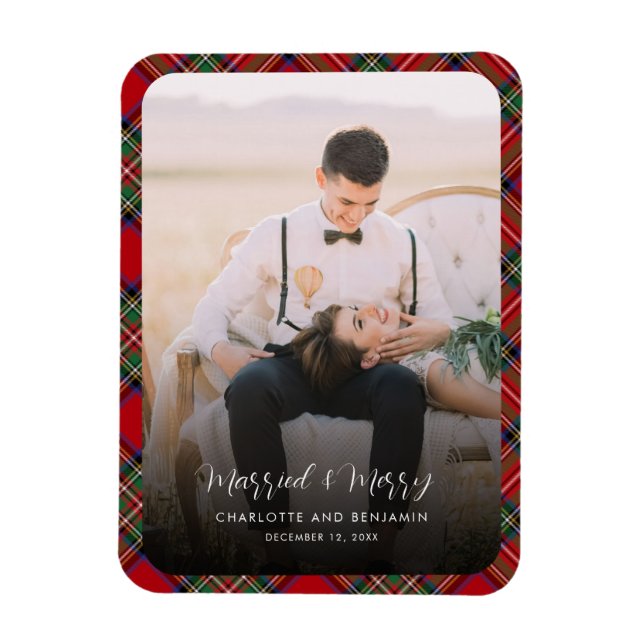 Newlyweds Photo Married and Merry Christmas Tartan Magnet (Vertical)