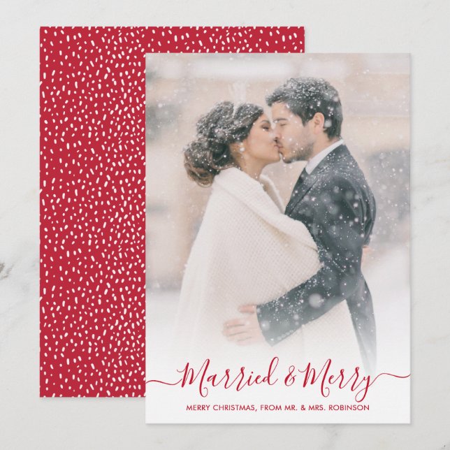 Newlyweds Photo Married and Merry Script Christmas Holiday Card (Front/Back)