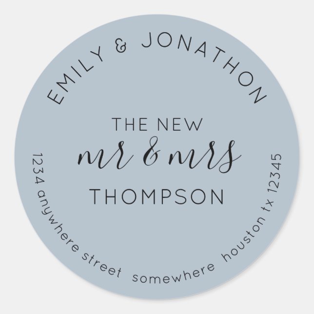 Newlyweds Return Name Address Dusty Blue Classic Round Sticker (Front)