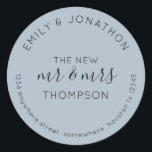 Newlyweds Return Name Address Dusty Blue Classic Round Sticker<br><div class="desc">A modern fully customisable typographical design with your names curved above and your return address curved below and text in the middle The New Mr and Mrs And your married name on a dusty blue background. All the text can be easily personalised. You can also change background and text colours...</div>