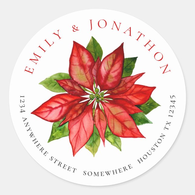 Newlyweds Return Name Address Poinsettia Wedding Classic Round Sticker (Front)