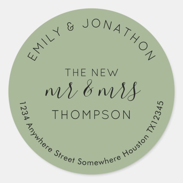 Newlyweds Return Name Address Sage Green Classic Round Sticker (Front)