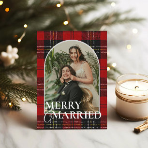 Newlyweds Rustic Modern Plaid Tartan Red Holiday Card