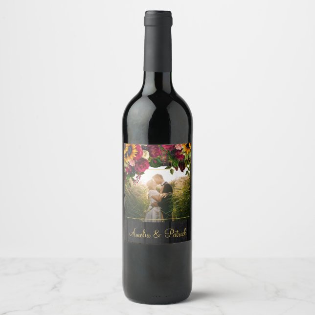 Newlyweds rustic sunflower and roses wedding photo wine label (Front)