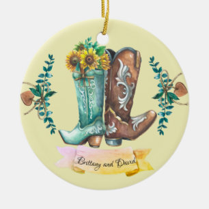 Newlyweds Rustic Wedding Cowboy Boots Watercolor Ceramic Tree Decoration
