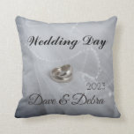 Newlyweds Wedding Day  Throw Pillow<br><div class="desc">Newlyweds Wedding Day Throw Pillow.
Features silver and bronze wedding rings photo as background.
This elegant design also is personalised with the names of the lucky
couple and the year of marriage.</div>