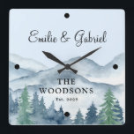 Newlyweds Wedding Rustic Forest Square Wall Clock<br><div class="desc">Rustic watercolor newlyweds wedding clock with watercolor forest adventure scene. Perfect for your first cabin or lake house. Add your names and wedding date.</div>