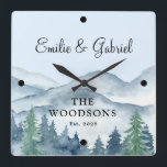 Newlyweds Wedding Rustic Forest Square Wall Clock<br><div class="desc">Rustic watercolor newlyweds wedding clock with watercolor forest adventure scene. Perfect for your first cabin or lake house. Add your names and wedding date.</div>