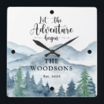 Newlyweds Wedding  Square Wall Clock<br><div class="desc">Let the adventure begin themed watercolor newlyweds wedding clock with watercolor forest adventure scene. Perfect for your first cabin or lake house.</div>