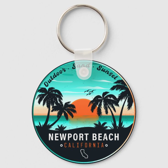 Newport Beach California Retro Sunset Vacation 80s Key Ring (Front)