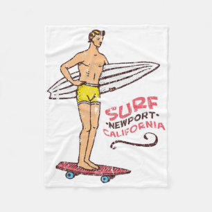 Newport Beach Surf Vintage Retro Surfboard 60s 70s Fleece Blanket