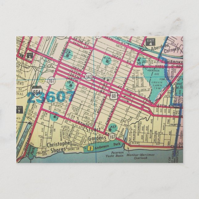 Newport News, VA Vintage Map Postcard (Front)