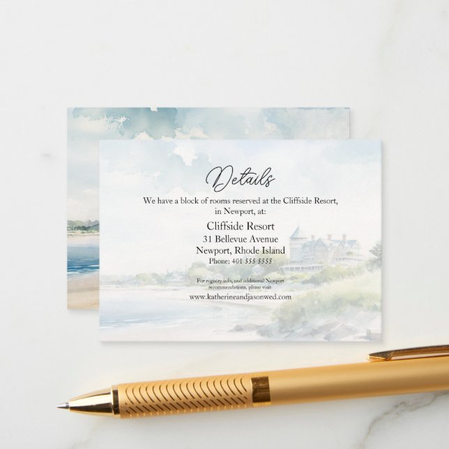 Newport Rhode Island Beach Watercolor Wedding Enclosure Card (Front/Back In Situ)