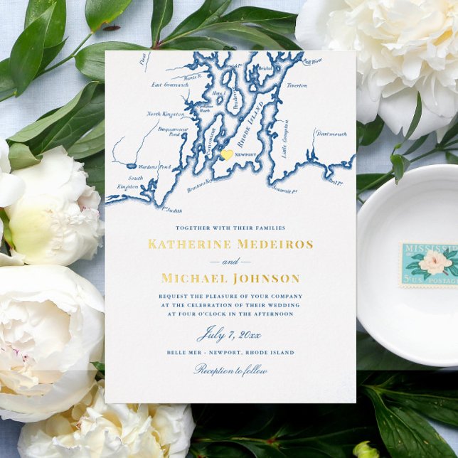 Newport Rhode Island Elegant Navy Blue Wedding (This Newport RI gold foil invitation is perfect for your navy blue and gold destination wedding)