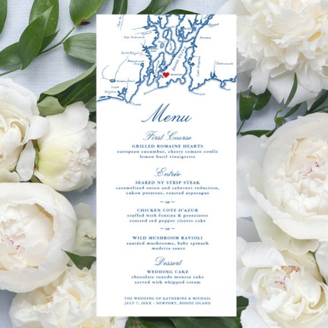 Newport Rhode Island Map Elegant Navy Blue Menu (Newport RI Wedding Menu with Elegant navy Blue Narragansett Bay Map from Coastal Map Designs)