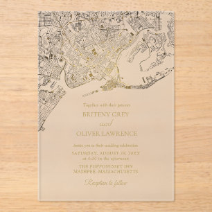 Newport Rhode Island Map golden Wedding Acrylic Invitations