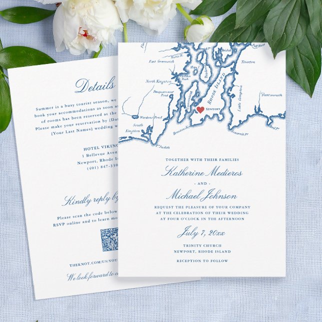 Newport RI Map All-in-One QR code RSVP Wedding Invitation (Newport RI all-in-one wedding invitation with QR code RSVP and details on the back in elegant navy )