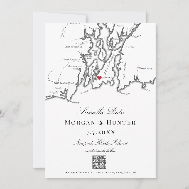 Newport RI Map Black and White Elegant QR code Save The Date (Front)