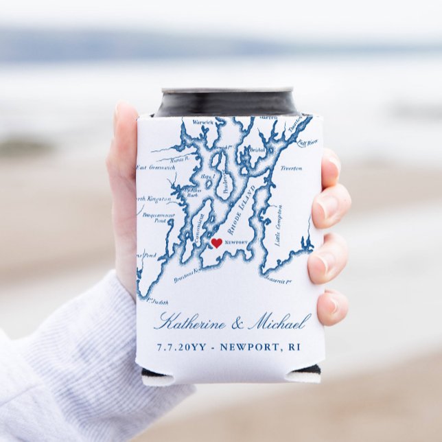 Newport, RI Map Wedding Favor Drink Holder Can Cooler (Elegant Newport RI map wedding favor can coozie with navy blue script writing)