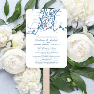 Newport, RI Map Wedding Program Elegant Navy Hand Fan