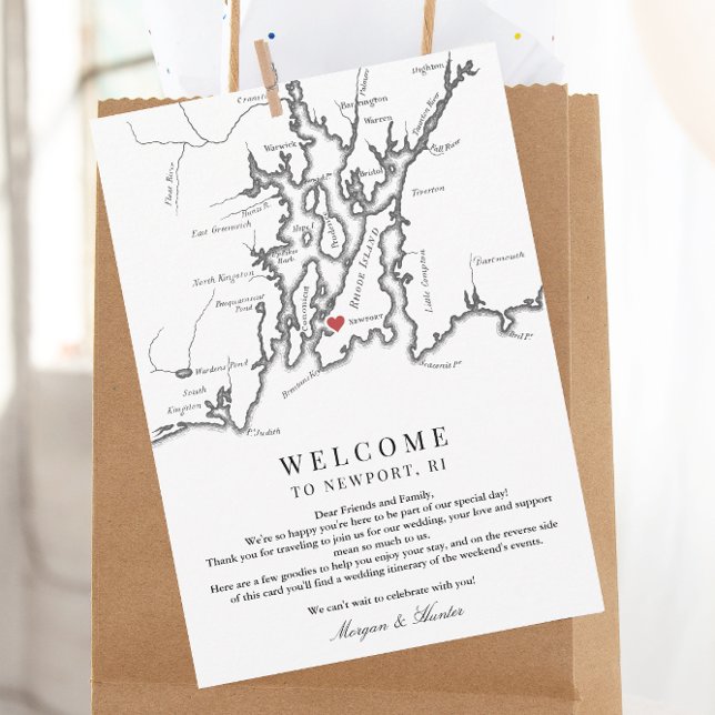 Newport RI Wedding Welcome Weekend Itinerary Thank You Card (Newport RI Map Wedding Weekend Welcome Letter and Schedule of Events Card in Black and White )