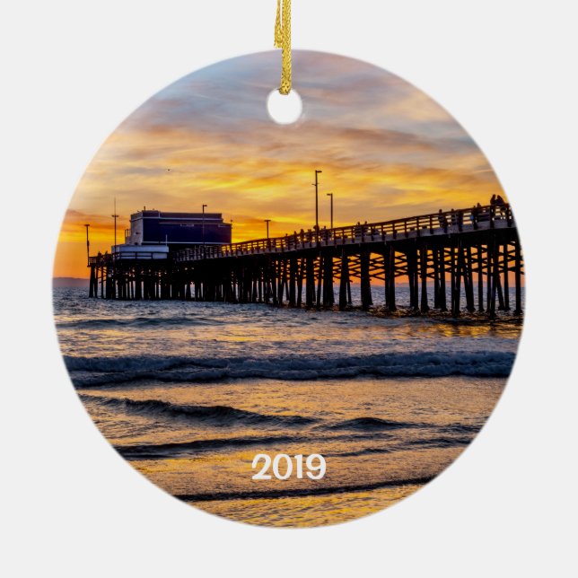 Newport's Balboa Pier 2 sided round Ceramic Tree Decoration (Back)