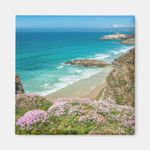 Newquay beach in North Cornwall wild flowers cliff Magnet