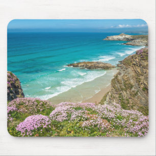 Newquay beach in North Cornwall wild flowers cliff Mouse Mat