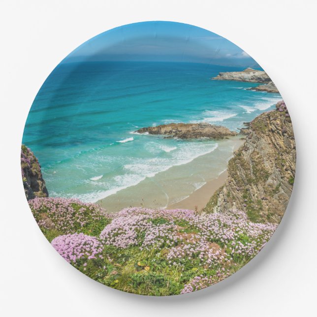 Newquay beach in North Cornwall wild flowers cliff Paper Plate (Front)
