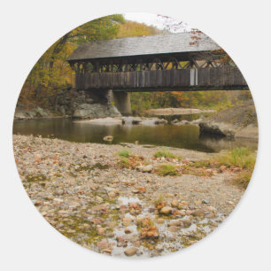 Newry Covered Bridge over river in autumn Classic Round Sticker