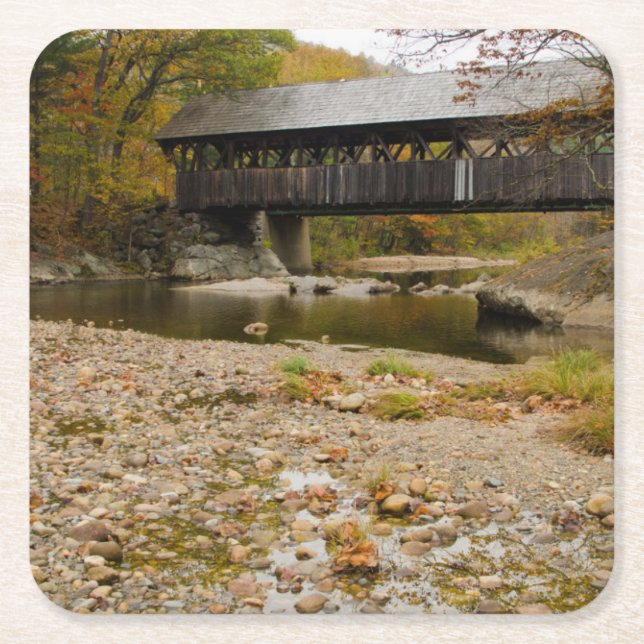Newry Covered Bridge over river in autumn Square Paper Coaster (Front)