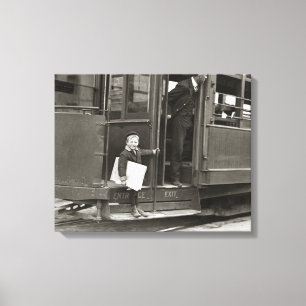Newsboy Riding Trolley, 1910 Canvas Print