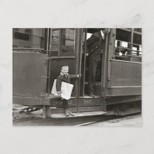 Newsboy Riding Trolley, 1910 Postcard