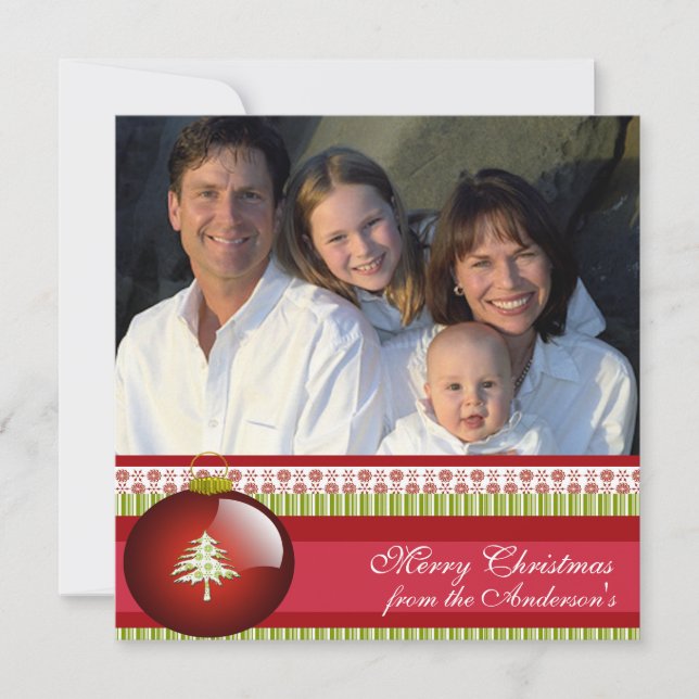 Newsletter on Back Red Ornament Christmas Card (Front)