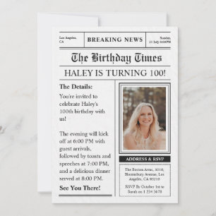 Newspaper 100th Birthday Fun Magazine Cover Photo Invitation