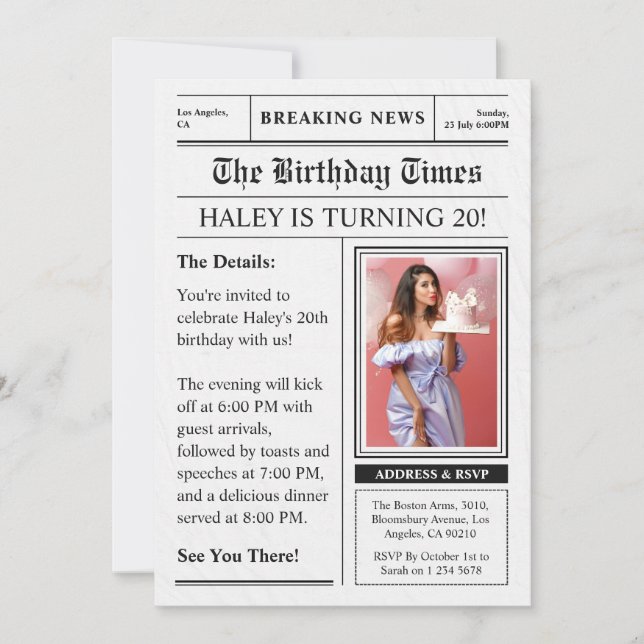 Newspaper 20th Birthday Funny Magazine Cover Photo Invitation (Front)