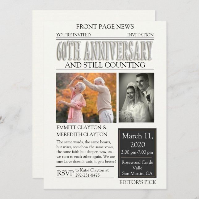 Newspaper 60th Anniversary Celebration Invitation (Front/Back)