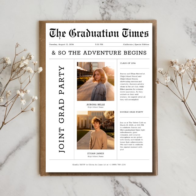 Newspaper Adventure Begins Joint Grad Party Photo Invitation (Creator Uploaded)