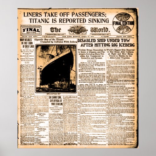 Newspaper April 15 1912 Titanic Reported Sinking Poster | Zazzle