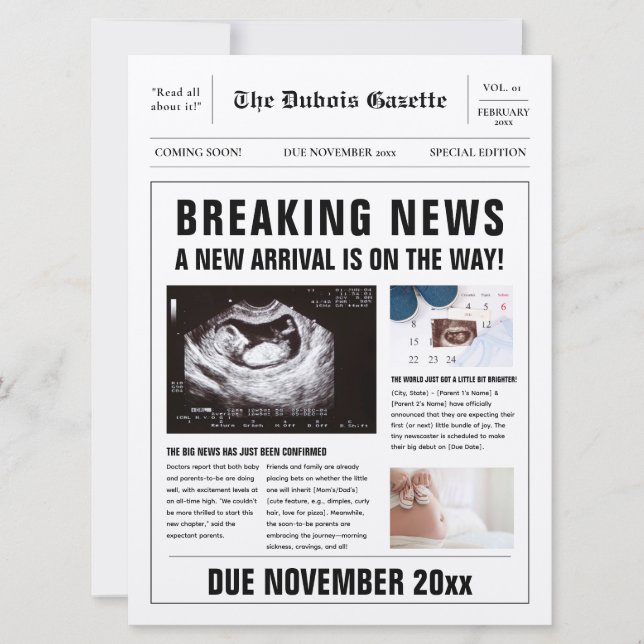 Newspaper Baby Reveal Pregnancy Announcement (Front)