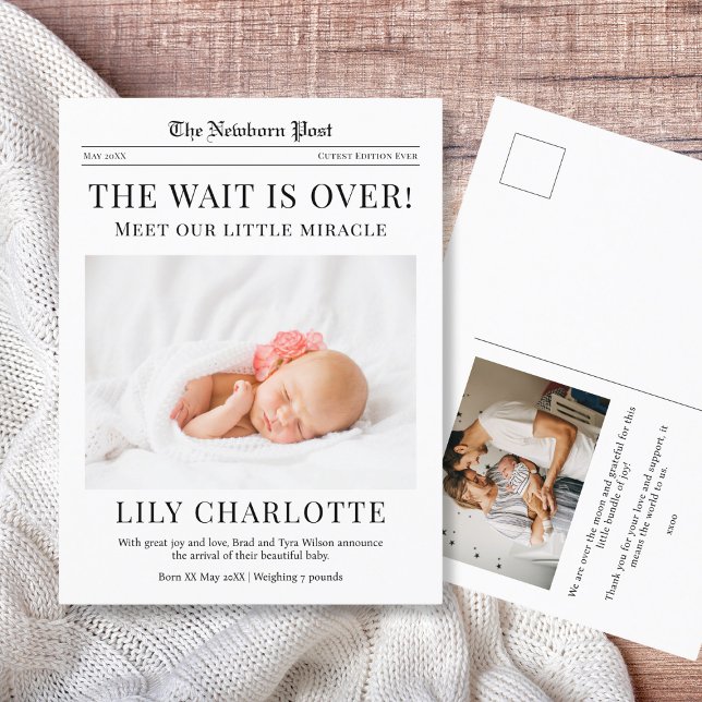Newspaper Birth Announcement  Postcard (Front and back of personalized Newspaper Birth Announcement Postcard in an elegant minimalist style)