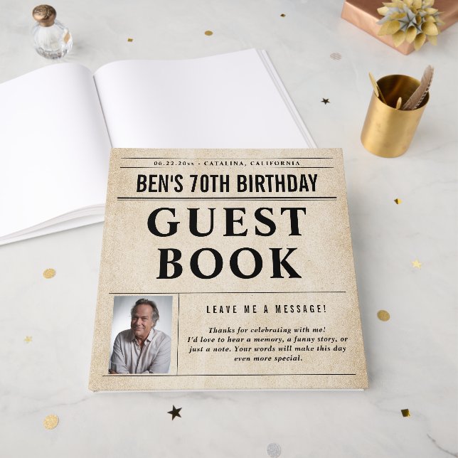 Newspaper Birthday News Funny Humorous Men 70th Guest Book (Front Open)